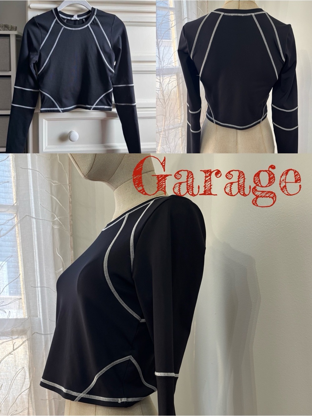 Garage Black Long-Sleeve Crewneck Top with White Contrast Stitching